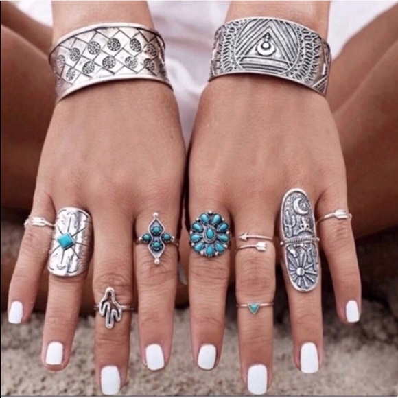 boutique Jewelry - 9pc BOHO RING SET Turquoise SILVER arrow southwest